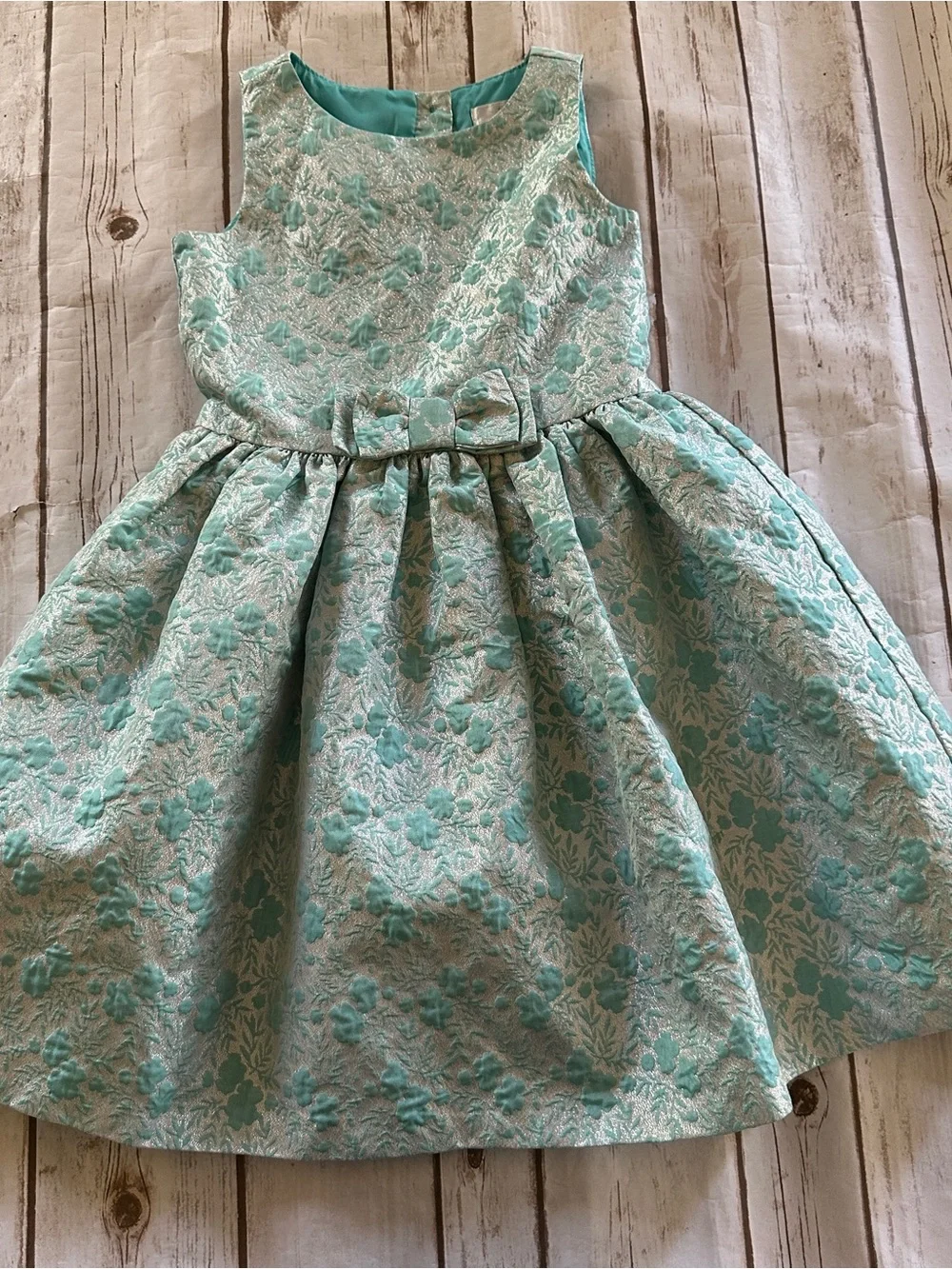 Gymboree teal and silver floral print dress with bow detail, vguc size 6
